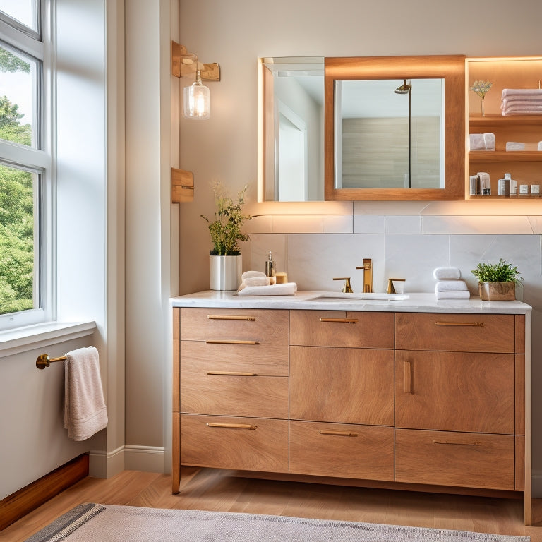 A modern bathroom featuring a tiered wooden vanity with two drawers and an open shelf, surrounded by elegant fixtures, soft lighting, and a subtle marble backsplash.