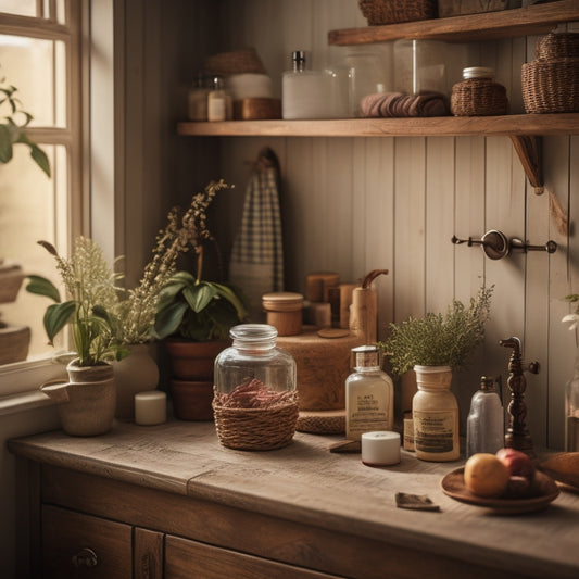 A cozy vintage bathroom scene in a tiny house, featuring rustic wooden shelves filled with glass jars, woven baskets, and antique toiletries, accented by soft lighting and potted plants for a warm, inviting atmosphere.