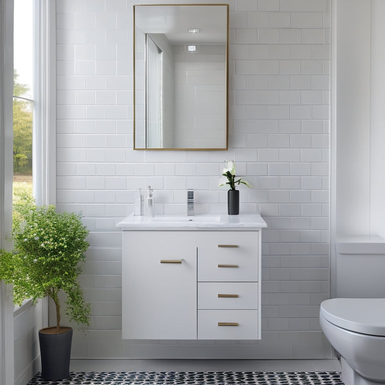 A sleek, modern bathroom with a pedestal sink featuring a built-in storage cabinet beneath, surrounded by crisp white subway tiles and a large mirror reflecting a minimalist decor.
