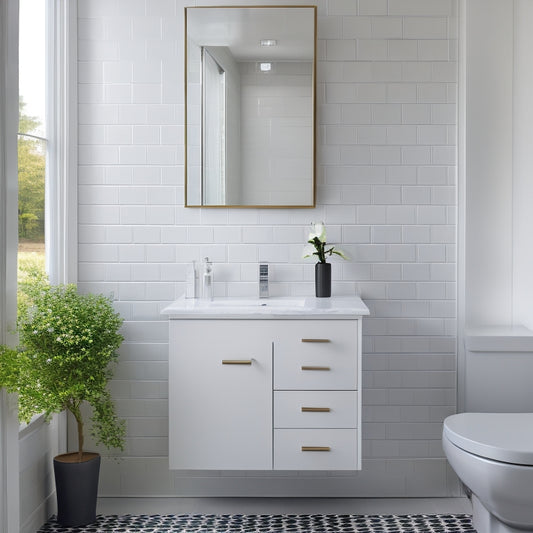 A sleek, modern bathroom with a pedestal sink featuring a built-in storage cabinet beneath, surrounded by crisp white subway tiles and a large mirror reflecting a minimalist decor.