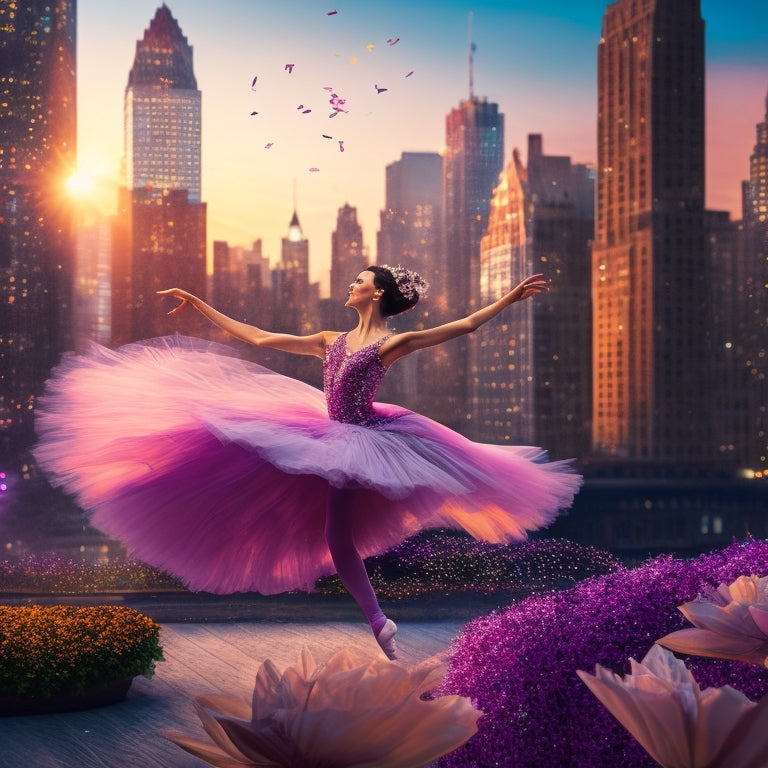 A whimsical illustration of a ballet dancer in mid-leap, surrounded by swirling curtains, flowers, and confetti, with a subtle background of a cityscape at dusk, hinting at an urban performance venue.