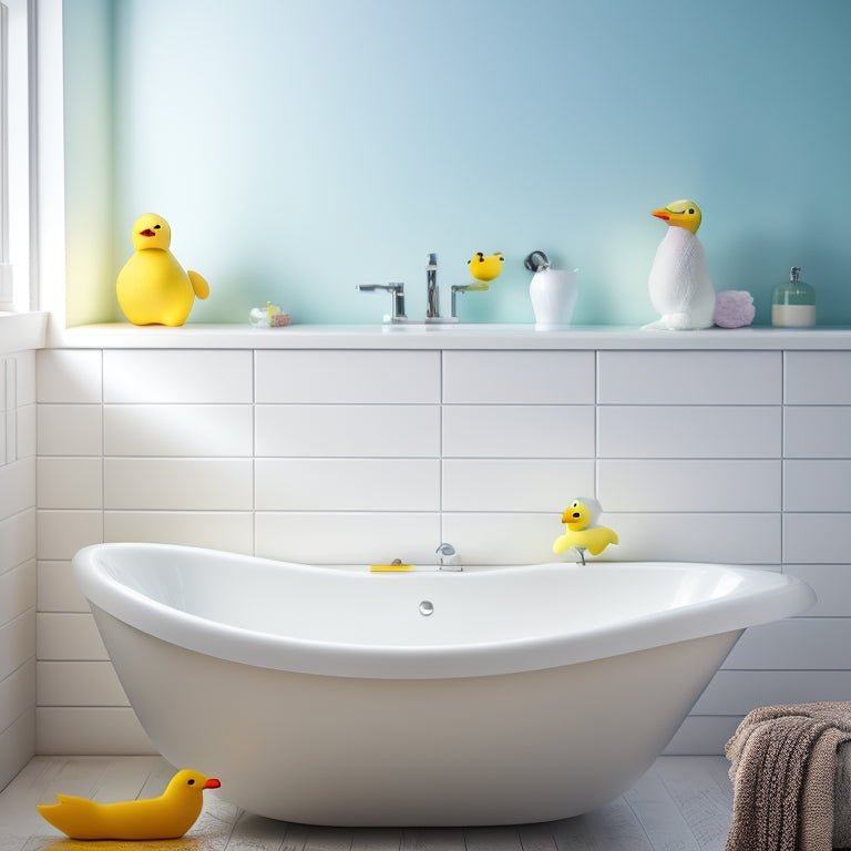 A minimalist white bathroom with a sleek Grundtal Rail installed above a bathtub, holding a few colorful toy boats and rubber ducks, surrounded by gentle water ripples and soft natural light.