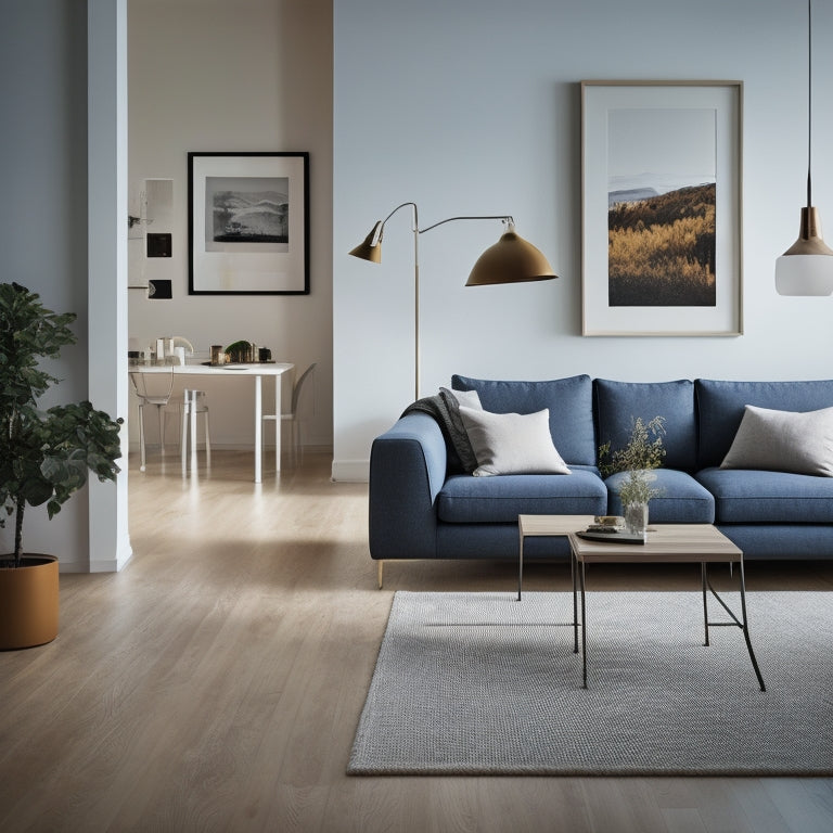 A minimalist, modern living room with a sleek smartphone on a coffee table, surrounded by IKEA catalogs and scattered room design layouts, with a subtle IKEA app open on the phone's screen.
