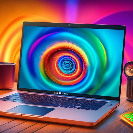 A futuristic laptop screen displaying a vibrant, swirling vortex of colors and shapes, with multiple slick, modern slides and graphics swirling around a central axis, surrounded by stylized, glowing presentation icons.