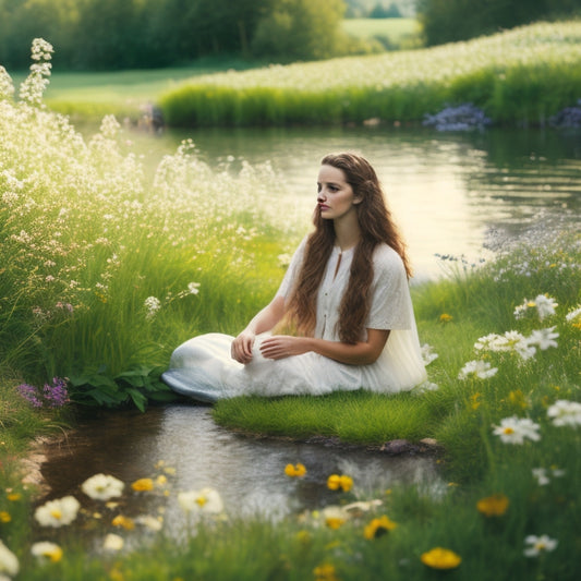 A serene illustration of a person sitting cross-legged on a lush green meadow, surrounded by blooming flowers, with a gentle stream flowing in the background, and a subtle aura of light around them.