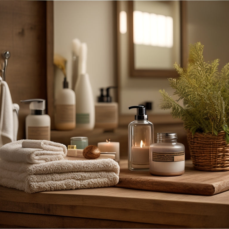 A rustic bathroom countertop with a wooden vanity, adorned with a mason jar organizer filled with rolled towels, toothbrushes, and small bathroom essentials, surrounded by candles and greenery.