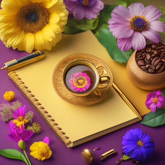 A whimsical illustration of a steaming espresso cup surrounded by blooming flowers, colorful pens, and a partially open planner with a subtle coffee ring stain, set against a warm, golden background.