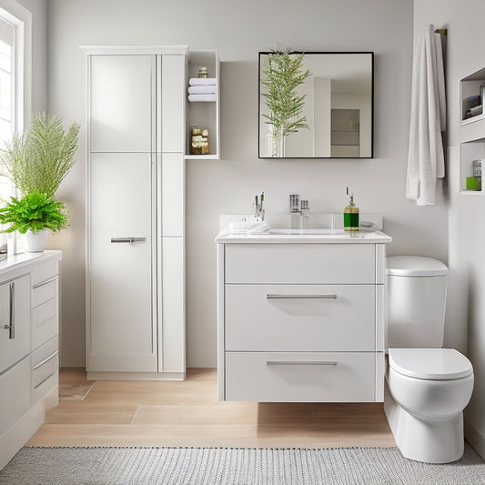 A serene, modern bathroom with a pristine white toilet, surrounded by various storage solutions: a floor-to-ceiling cabinet, a pedestal with drawers, and a wall-mounted shelf, all in a crisp, white finish.