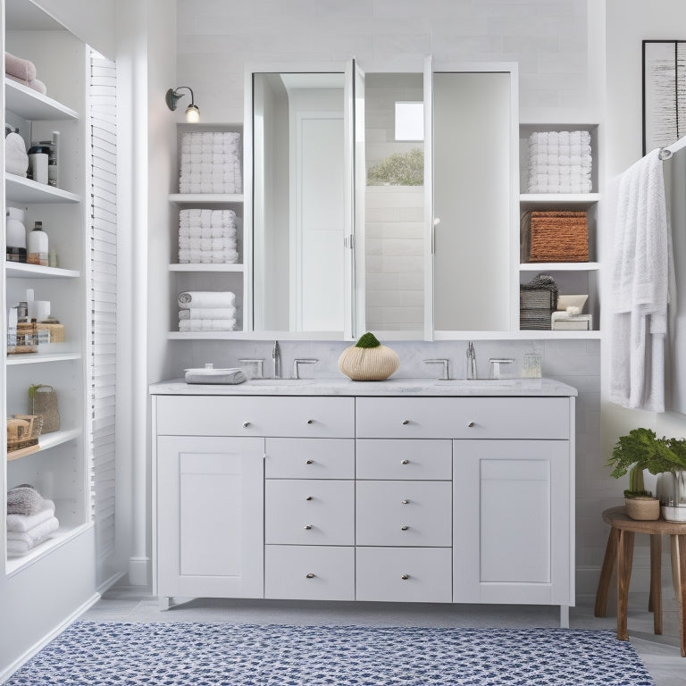 A modern bathroom with sleek, white cabinets featuring built-in organizers, including a pull-out drawer with dividers, a medicine cabinet with mirrored doors, and a wall-mounted shelf with woven baskets.