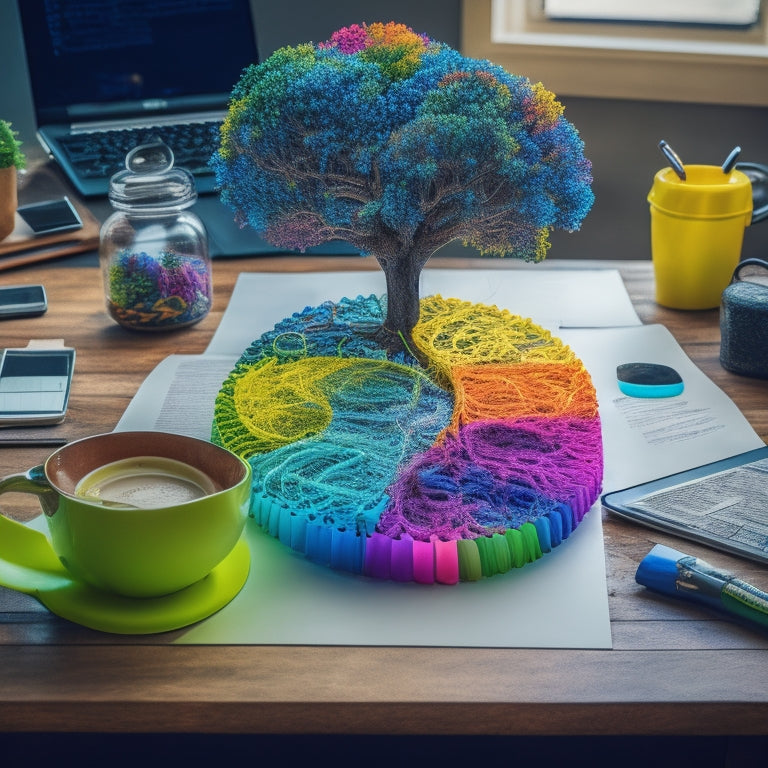 A colorful, intricate mind map with curved lines and branches, radiating from a central idea bubble, surrounded by icons, symbols, and colorful post-it notes, on a wooden desk with a pen and a laptop.