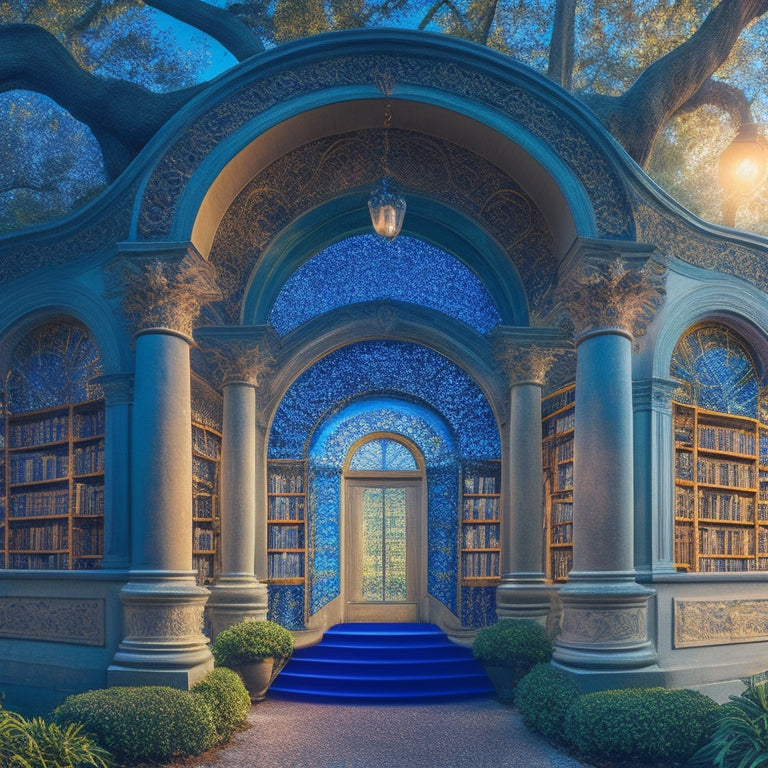 A vibrant illustration of a grand, ornate entrance of a Louisiana library, with a majestic oak tree and Spanish moss-draped columns, opening onto a swirling vortex of books, light, and stars.