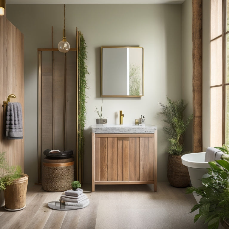 A serene, minimalist bathroom featuring a freestanding cabinet crafted from reclaimed wood, adorned with living green walls, surrounded by natural stone flooring, and illuminated by soft, warm lighting.