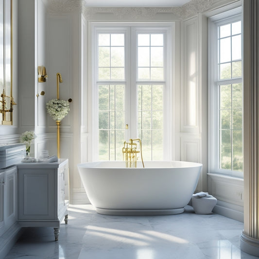 A serene bathroom scene with a freestanding tub, surrounded by elegant marble flooring, and a large window with soft, white curtains, illuminated by warm, natural light.