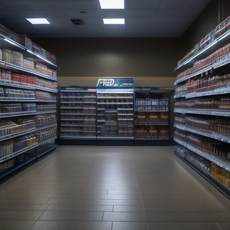 A dimly lit, empty shelf in a Fred Meyer store with a few remaining product tags and a single, lonely shopping cart in the background, with a faint "Sold Out" sticker on the shelf's edge.