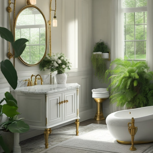 A serene bathroom scene featuring a sleek, wall-mounted vanity with a carrera marble countertop, ornate gold fixtures, and a plush area rug, surrounded by lush greenery and soft, warm lighting.