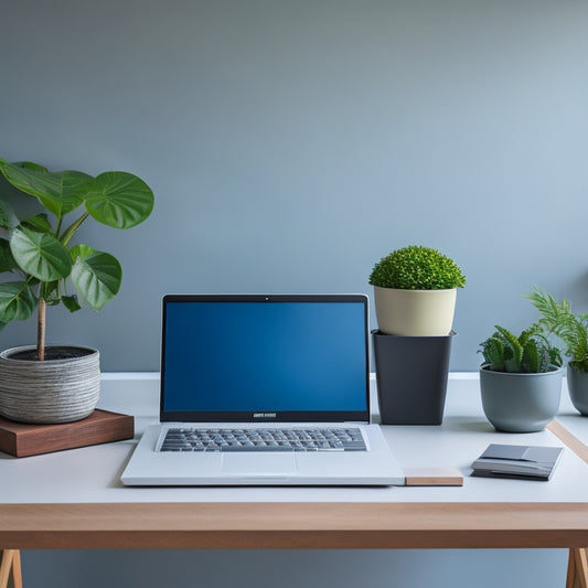 A minimalist desk with a sleek, silver laptop, surrounded by neatly organized stacks of color-coded files, a small potted plant, and a few carefully placed, modern desk accessories.