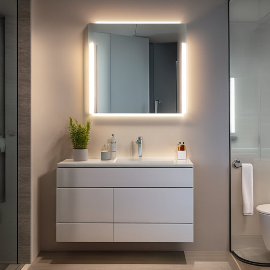 A modern bathroom with a large, wall-mounted LED-lit mirror cabinet, surrounded by sleek, white countertops and a minimalist sink, set against a soft, gray background.
