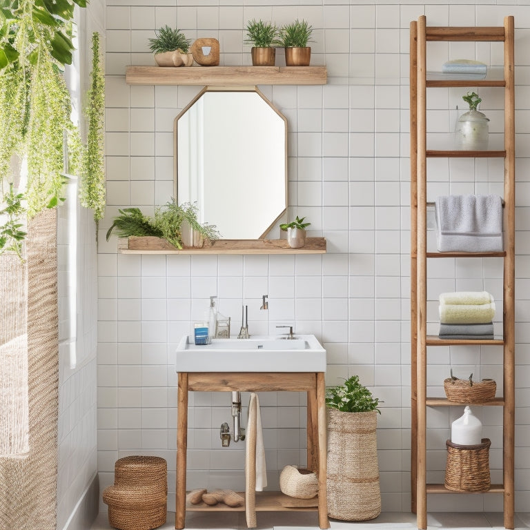 A minimalist bathroom with a reclaimed wood ladder shelving unit, woven baskets, and colorful glass jars, surrounded by lush greenery and a large wooden mirror with a sculptural frame.