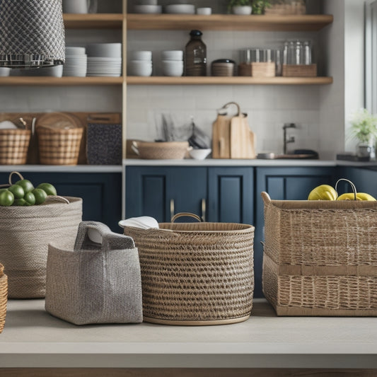 A tidy, modern kitchen countertop featuring a mix of woven baskets, wooden crates, and metal containers in various shapes and sizes, filled with kitchen essentials and decorative items.