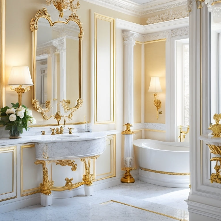 A luxurious, marble-clad French bathroom with ornate gold fixtures, featuring a large, decorative mirror and a sleek, modern sink with a subtle sheen, surrounded by elegant, cream-colored walls.