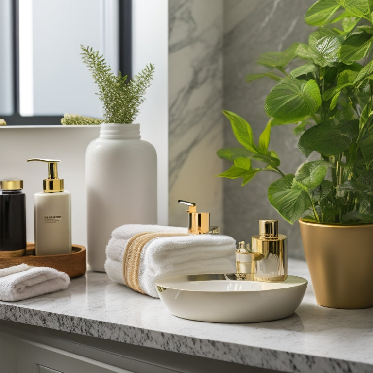 A tidy bathroom countertop with a sleek, modern Xeapoms organizer in the center, surrounded by neatly arranged toiletries, towels, and decorative plants, with a subtle marble background.