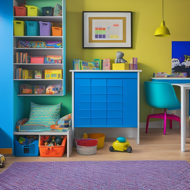 A colorful, well-organized playroom with stacked, labeled bins, a kid-sized desk with a small, tidy bookshelf, and a rug with a few toys and a minimalist art piece on the wall.