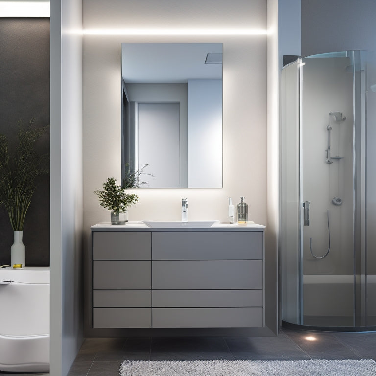 A modern bathroom with a sleek, wall-mounted cabinet featuring a mirrored front, sliding drawers, and a built-in LED light strip, surrounded by minimalist decor and a freestanding tub.