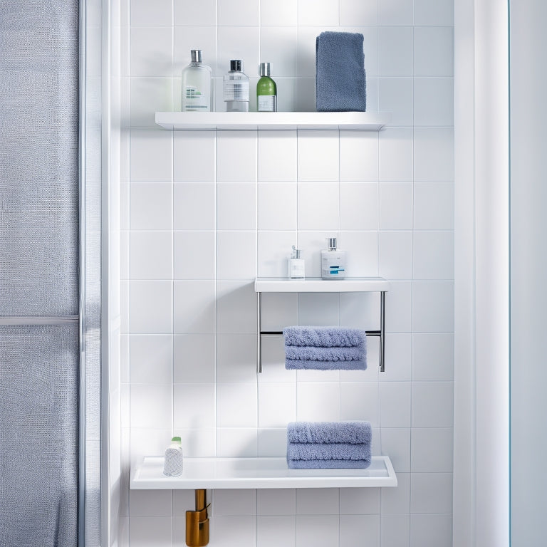 A minimalist, white-tiled bathroom with a sleek, wall-mounted shelf unit featuring two glass shelves, a chrome towel rack, and a decorative LED strip, set against a soft, gray background.