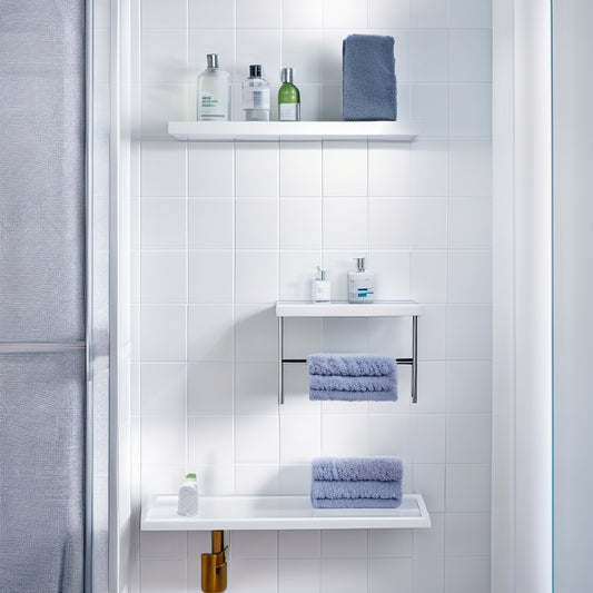 A minimalist, white-tiled bathroom with a sleek, wall-mounted shelf unit featuring two glass shelves, a chrome towel rack, and a decorative LED strip, set against a soft, gray background.