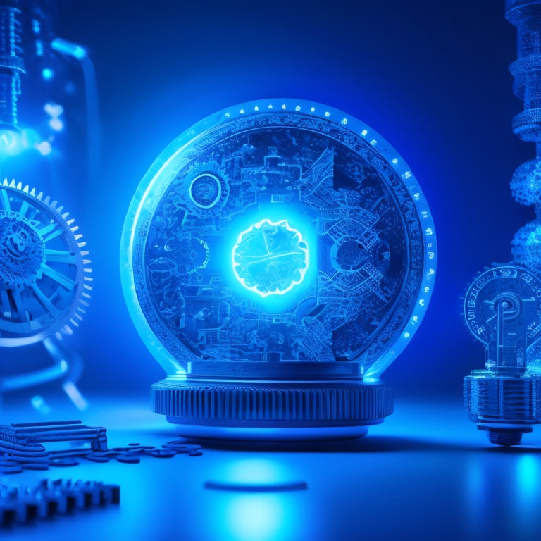 A futuristic, high-tech illustration featuring a large, glowing blue lightbulb surrounded by orbiting gears, cogs, and puzzle pieces, set against a dark blue background with subtle circuit board patterns.