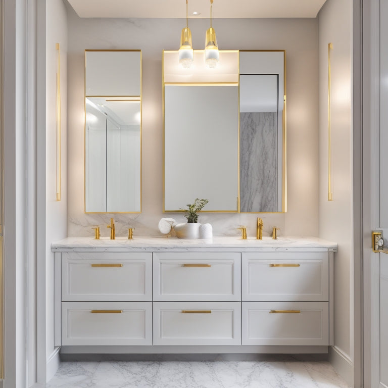 A modern bathroom with a large, mirrored cabinet featuring soft-close drawers and LED strip lighting, set against a calming gray and white marble background with subtle gold accents.