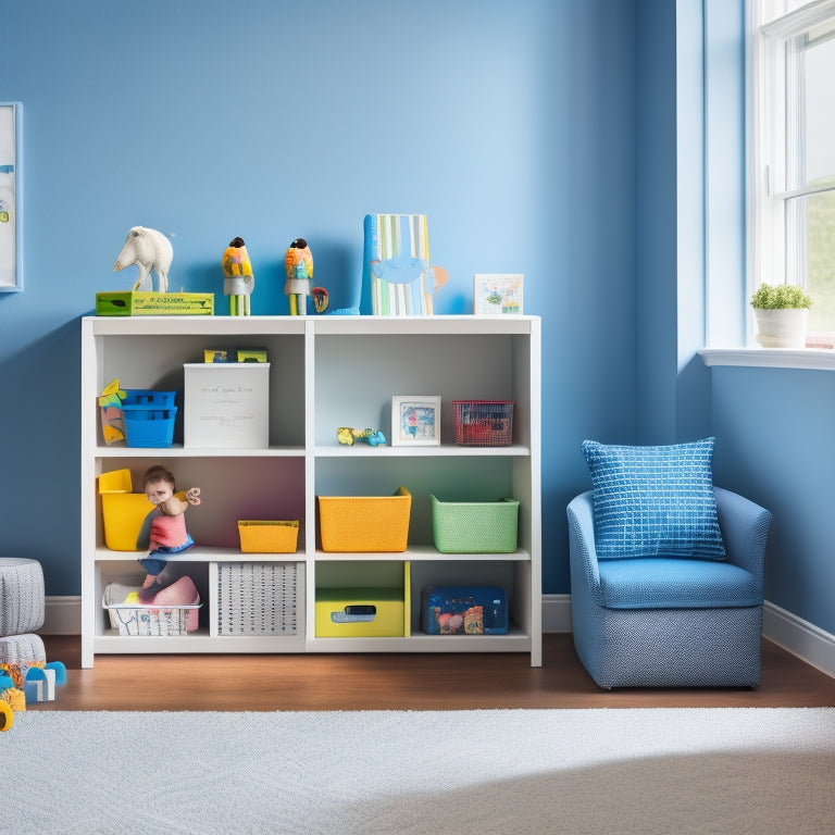 A clutter-free, minimalist playroom with a toddler's toys and books organized on a wall-mounted shelf, a compact desk with a built-in storage bin, and a storage ottoman in the corner.