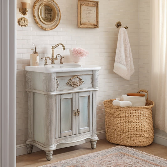 A distressed wooden cabinet with ornate metal hardware, adorned with vintage decorative towels and a woven basket, sits atop a retro-style pedestal sink in a soft, pastel-hued bathroom.
