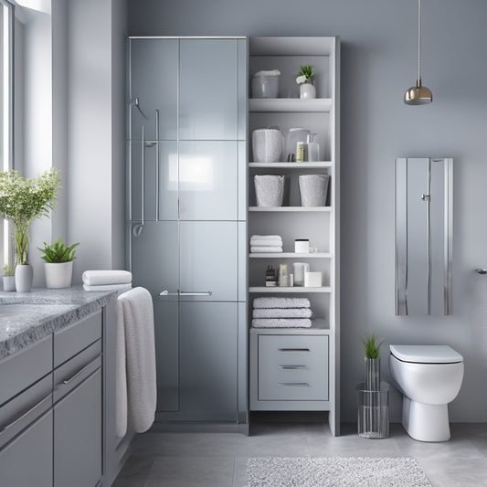 A modern bathroom with a corner shelving unit featuring three glass shelves, chrome brackets, and a soft-close cabinet door, surrounded by sleek gray walls and a large mirror.
