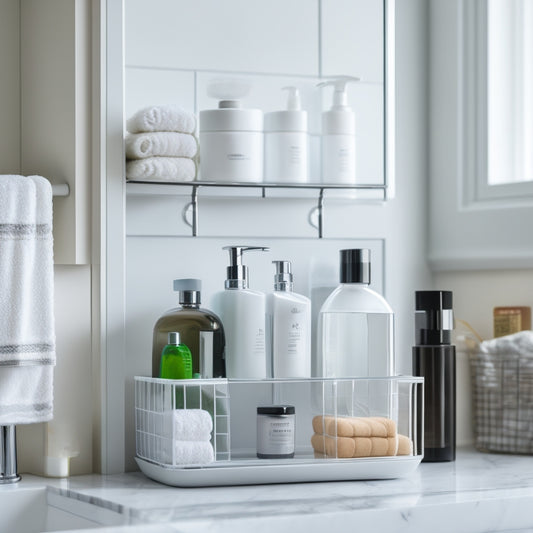 A cluttered bathroom with toiletries scattered on countertops, a messy shower caddy, and a disorganized linen closet, contrasted with a sleek, minimalist storage system in the background.