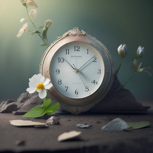 A serene, minimalist illustration featuring a blooming flower or a sprouting seedling emerging from a cracked, worn-out clock or a discarded puzzle piece, surrounded by subtle, swirling mist.