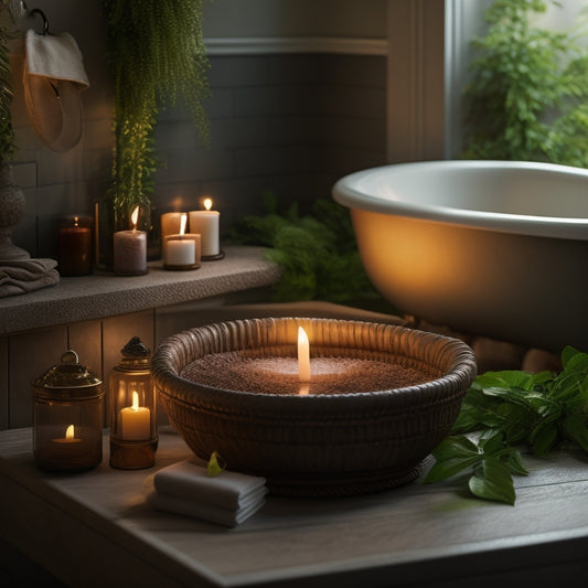 A serene bathroom scene with a wooden bathtub tray, adorned with lush greenery, candles, and a good book, surrounded by gentle steam and soft, golden lighting.