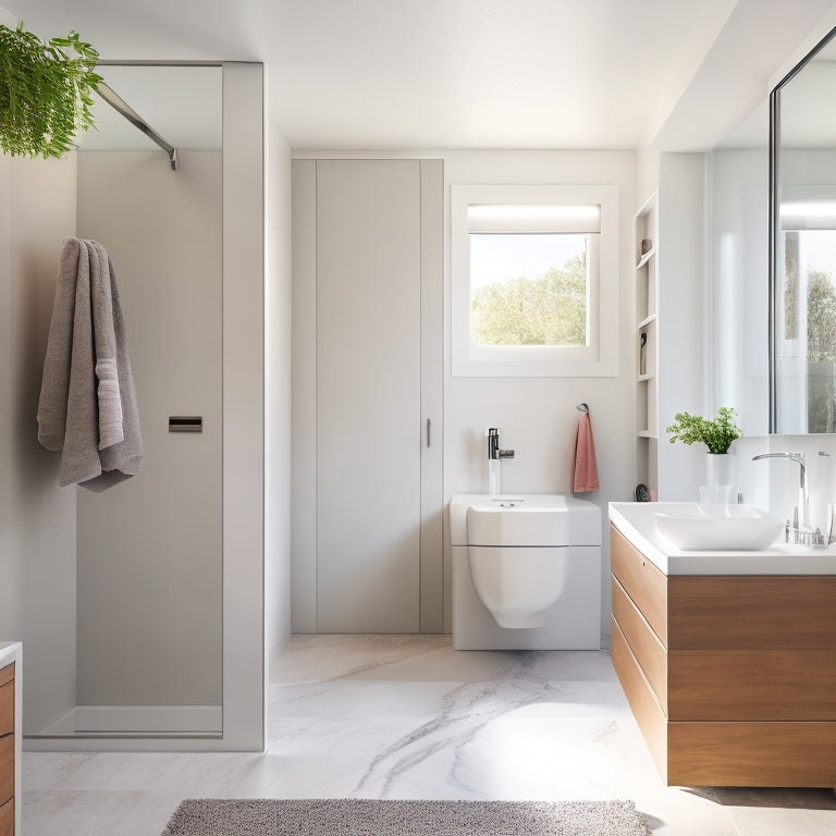 A minimalist, modern bathroom with a wall-mounted sink and toilet, featuring a sleek, floor-to-ceiling storage unit with sliding glass doors, and a hanging, woven basket near the shower area.