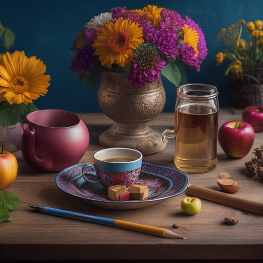 A warm and inviting image featuring a steaming cup of coffee, surrounded by colorful flowers and a few scattered teacher-themed items like a small apple, a ruler, and a pencil.