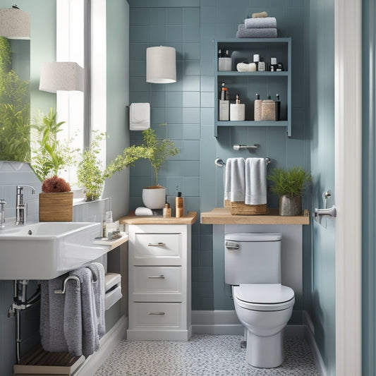 A cluttered small bathroom with toiletries scattered on countertops, a cramped shower, and a messy floor; suddenly, a sleek, wall-mounted cabinet and a pedestal sink with hidden storage appear, bringing order and serenity.