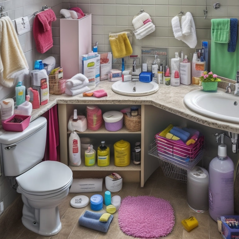 A cluttered shared bathroom with toiletries scattered around the sink, countertops, and floor, with a small cabinet overflowing with toilet paper rolls, towels, and personal care items, surrounded by messy baskets and bins.