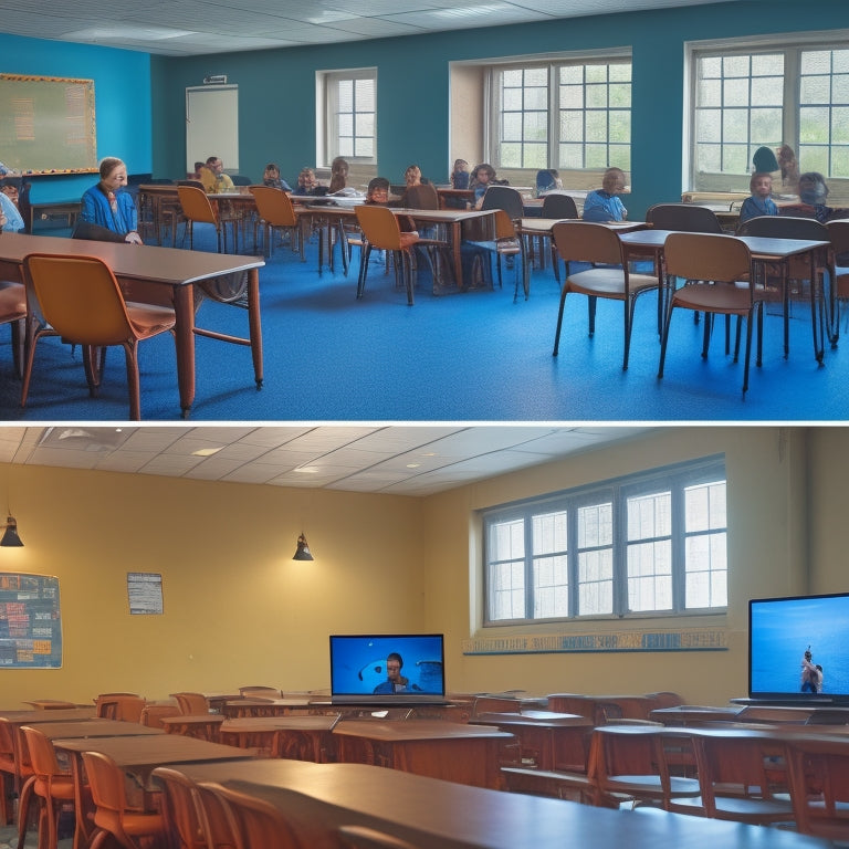 A split-screen image: a deserted, empty classroom with chairs stacked on tables, contrasted with a laptop screen displaying a virtual classroom with students and a teacher engaging in a video lesson.