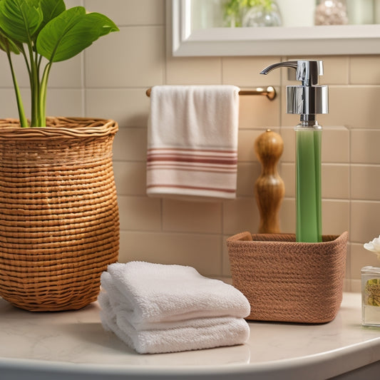 A tidy bathroom countertop with a soap dispenser, toothbrush holder, and sleek toilet paper holder, alongside a few rolled towels, a woven basket, and a small potted plant on a decorative tray.