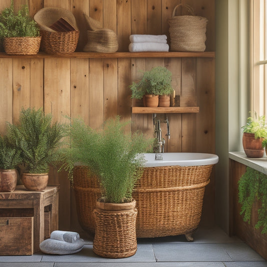 A cozy rustic bathroom featuring reclaimed wooden shelves adorned with woven baskets, vintage jars filled with cotton balls, and potted greenery, all set against warm, textured walls and a charming clawfoot tub.
