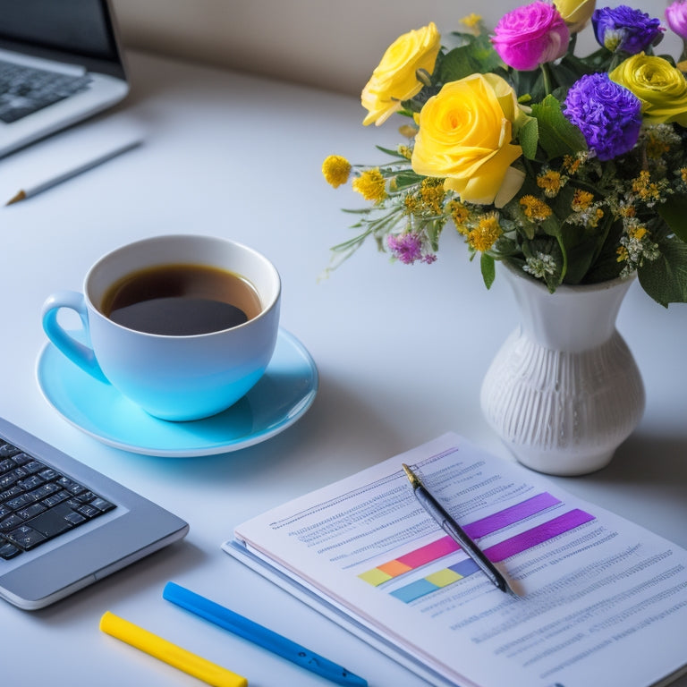 A minimalist desk with a vase of fresh flowers, a laptop, and a colorful PLR Challenge Workbook lying open, surrounded by colorful pens, sticky notes, and a cup of steaming coffee.