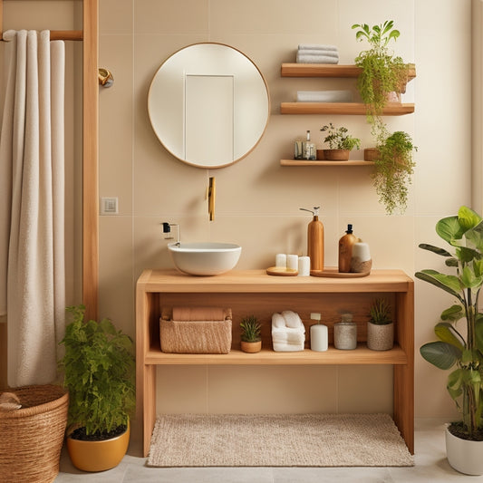 A serene, modern bathroom with a wall-mounted storage shelf set in a warm, honey-brown wood tone, holding rolled towels, decorative vases, and potted plants, against a soft, creamy background.