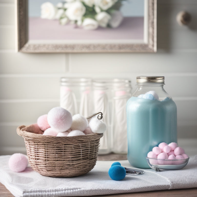 A beautifully styled table setting with a mason jar transformed into a cotton ball holder, surrounded by soft pastel-colored cotton balls, a few loose threads, and a vintage sewing machine in the background.