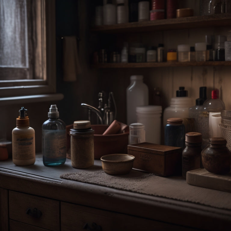 A dimly lit, cluttered bathroom cabinet with worn wooden shelves, old toiletries, expired products, and mysterious containers with rusted lids, surrounded by cobwebs and dust.