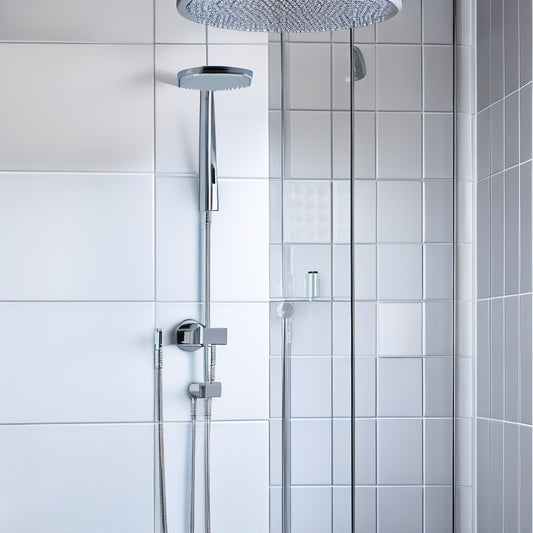 A modern bathroom with a sleek, wall-mounted showerhead, rainfall showerhead, and handheld showerhead, all in polished chrome, surrounded by gleaming white tiles, and a minimalist glass enclosure.