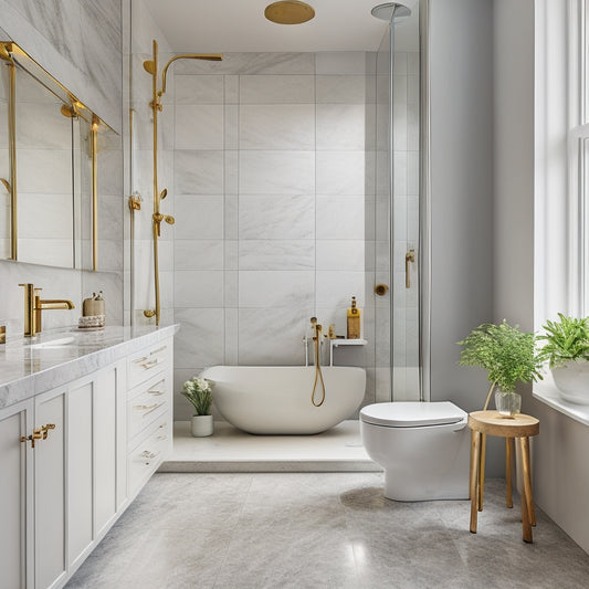 A serene, modern bathroom with a freestanding tub, surrounded by floor-to-ceiling marble tiles, a rainfall showerhead, and a sleek, wall-mounted vanity with a circular mirror.